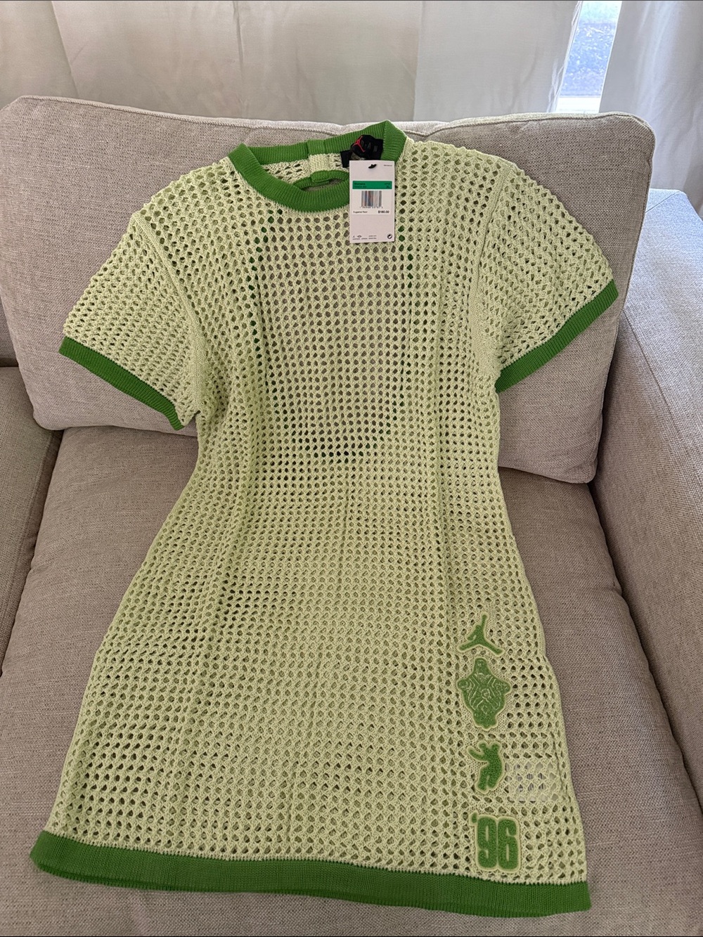 Light Green Knit Mesh Short-Sleeve Dress with Contrast Trim